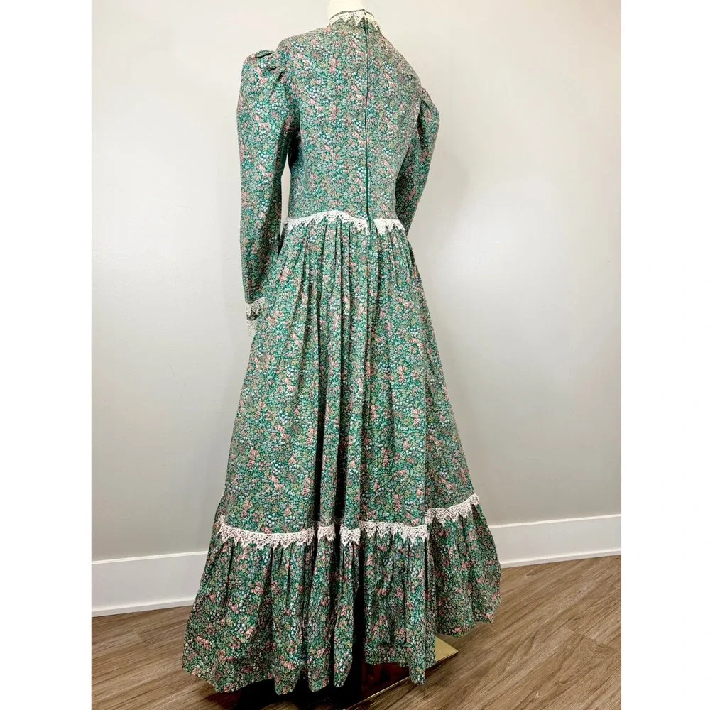 Vintage 1970s Prairie Dress Green Victorian Edwardian Antique Style 70s Fit L XL